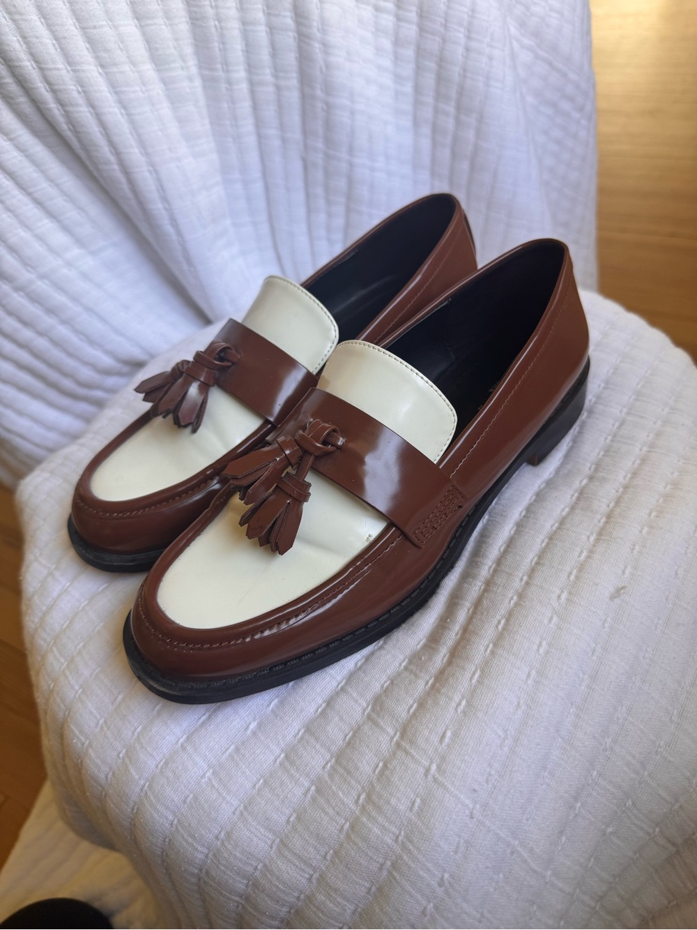 Zara Two Tone Tassel Loafers Brown Cream Size 38